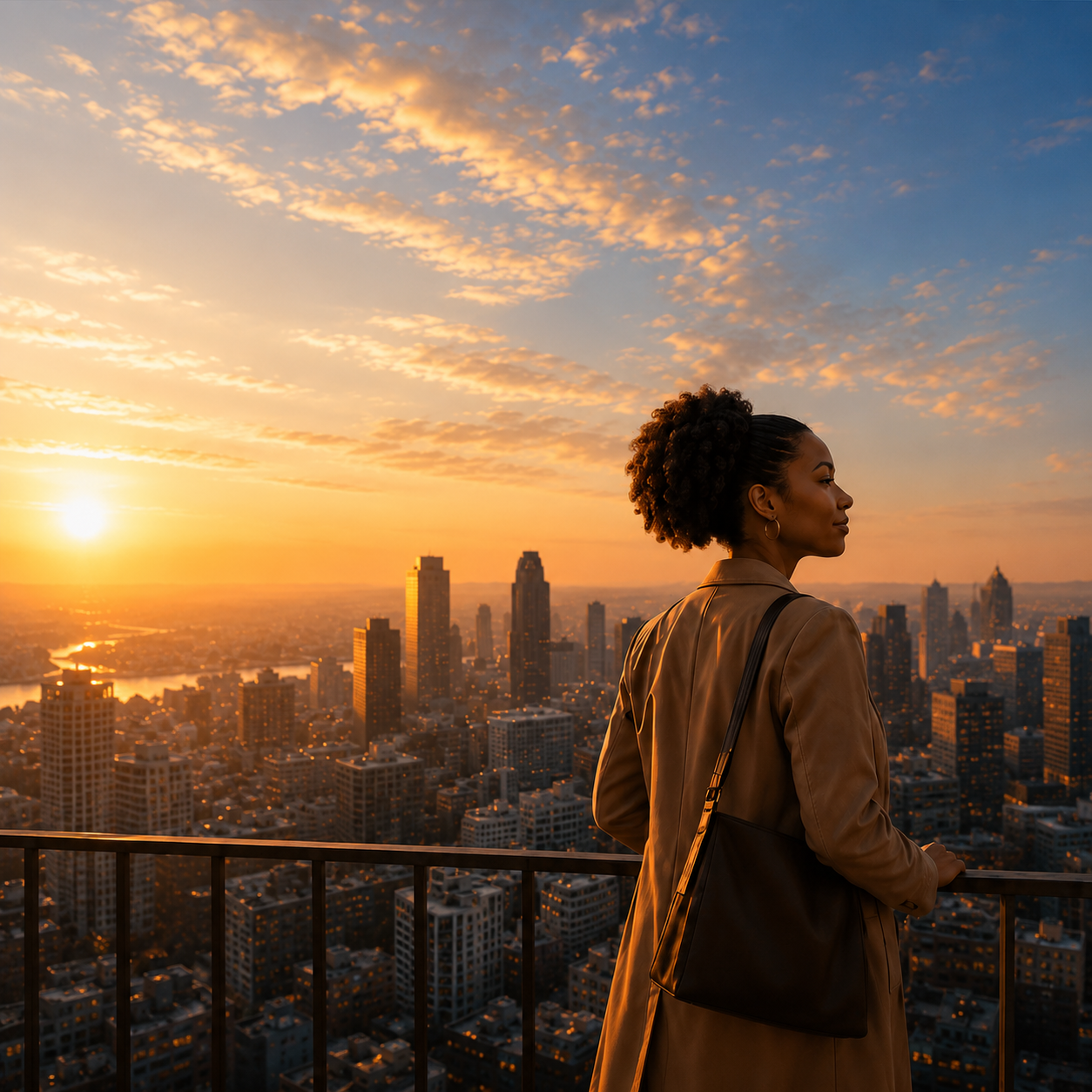 Professional looking out over a city skyline at sunset, contemplating multiple career opportunities.