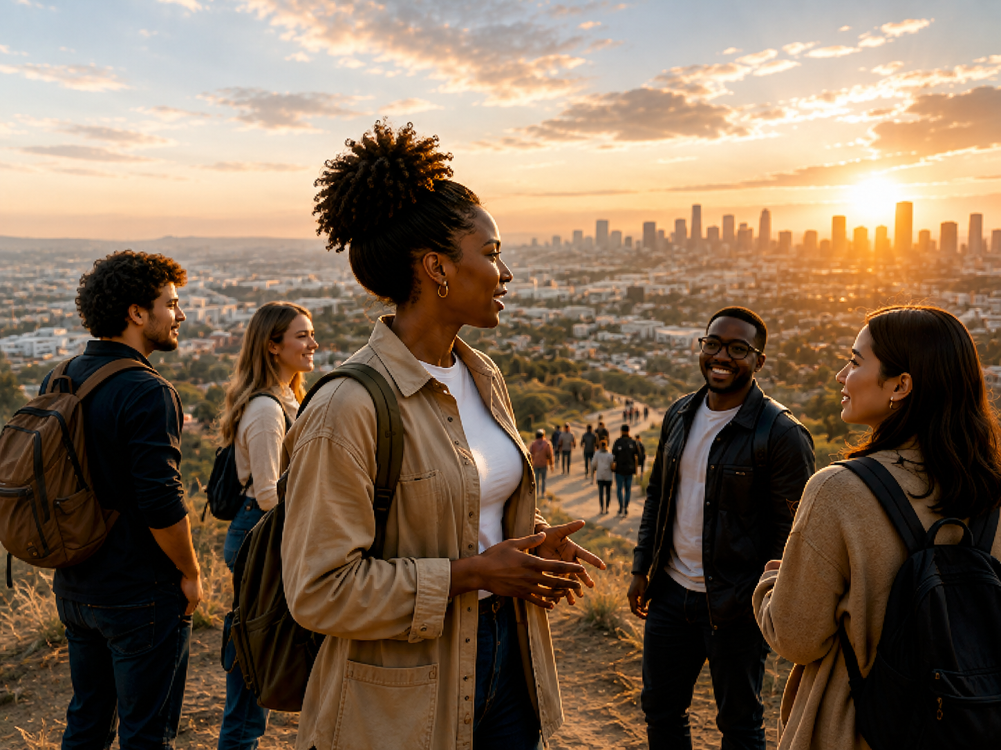 People in conversation on a hillside overlooking a city at sunset